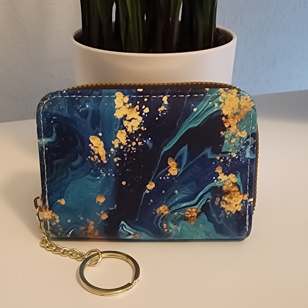 Marbled Blue & Gold Zip Card Wallet Keychain
